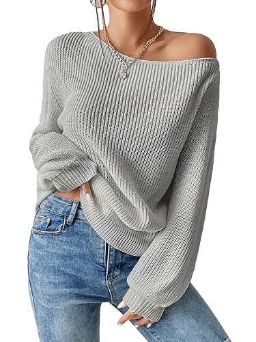 Image of SweatyRocks Women's Casual Lantern Long Sleeve Sweaters Crew Neck Ribbed Knitted Pullover Tops Light Grey L