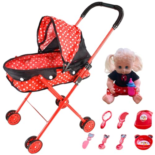 Muñeca bebé, muñeca con Cochecito, Sonido Realista, con Cochecito y 8 Accesorios, Juguete de Metal Resistente, Suave y Agradable para la Piel
