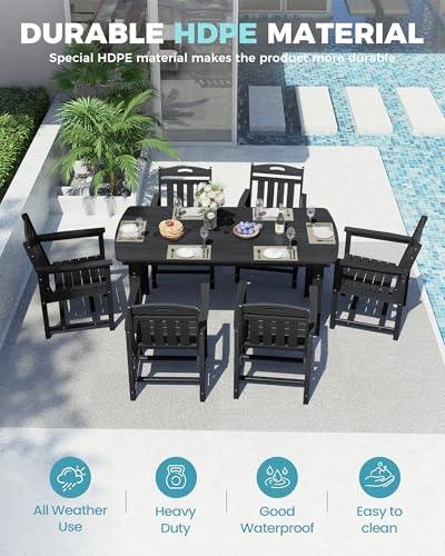 Image of Ciokea HDPE Outdoor Dining Set, 7-Piece Patio Table and Chairs Set with Umbrella Hole, All-Weather Patio Dining Sets for 6, Durable Patio Furniture for Backyard, Garden, Lawn & Poolside, Black