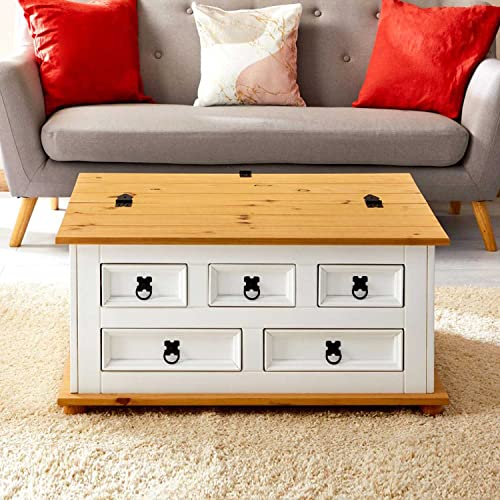 IDIMEX Table Basse de Salon Tequila Coffre Malle de Rangement rectangulaire en Bois Style Mexicain avec 5 tiroirs, en pin Massif lasuré Blanc et Brun