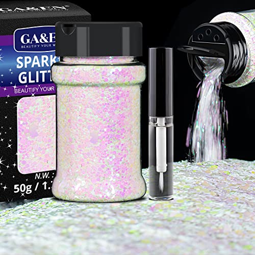 Holographic Chunky Glitter 50g Light Pink&White Body Glitter with Multi-Shapes 50g/1.76oz Sparkle Glitter for Body Face Eye Hair Makeup Glitter for Resin Project+Quick Dry Makeup Glue