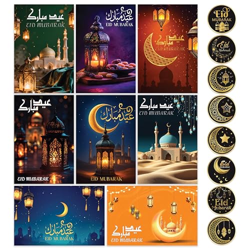 Giftinghouse Eid Cards Pack of 16 with Envelopes & Stickers Eid Mubarak Greeting Cards Multipack 8 Traditional Moonlight Designs Perfect for Kids & Family Made in the UK