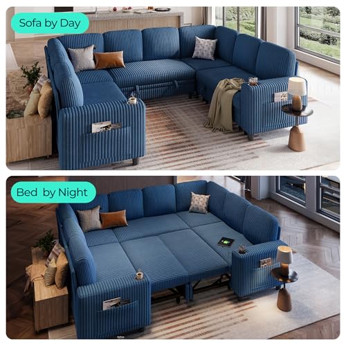 Image of LINSY HOME Sectional Sleeper Sofa with Pull Out Couch Bed - Convertible Plush Corduroy Cloud Couch with Storage Chaise & USB Charging, Comfy Modular Couches for Living Room, Blue