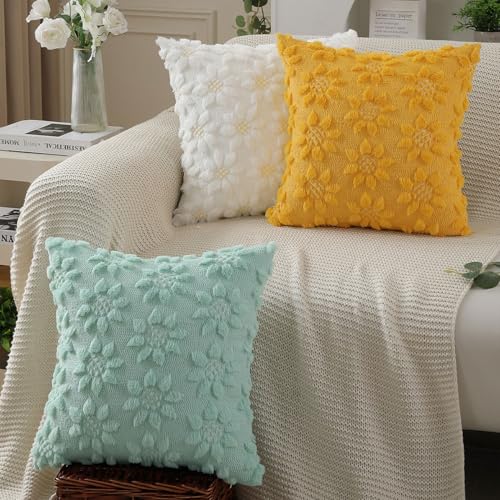 Image of DFXSZ Spring Summer Pillow Covers 18x18 inch Set of 2 Farmhouse Decor Yellow Color Flower Heart Sunflower Soft Plush Faux Fur Jacquard Throw Pillows for Sofa Holiday Spring Home Decor PTK024C18