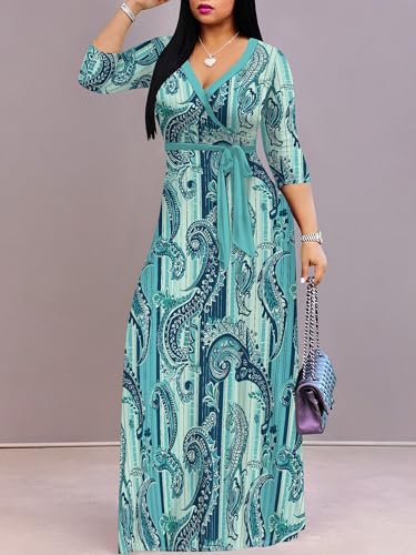Image of PinkPatty Plus Size Maxi Dress for Women Casual V Neck 3 /4 Sleeve Boho Printed Long Dress with Pockets