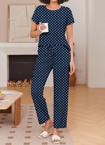 Image of Ekouaer Pajama Sets for Women Round Neck Pjs Short Sleeve Sleepwear with Long Pants Loose Lounge Sets