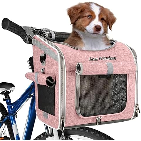 Dog Bike Basket, Expandable Soft-Sided Reflective Pet Carrier Backpack with 4 Open Doors, 4 Mesh Windows for Medium Small Dog Cat Puppies - Pink (Pink) Cover