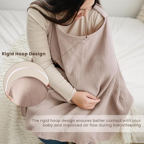 Image of Konssy Muslin Nursing Cover Up for Breastfeeding with Rigid Hoop | 100% Cotton Nursing Apron, Lightweight & Breathable, Carseat Canopy, Breast Feeding Covers for Women