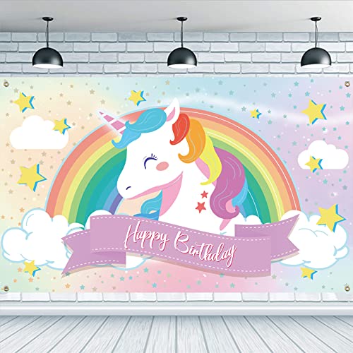 FINGERINSPIRE Telón de Fondo de Unicornio arcoíris de 185 x 100 cm, Pancarta Colgante, Dibujos Animados, Nubes, Estrellas, Fondo de sesión de Fotos, decoración de Tela, celebración de cumpleaños