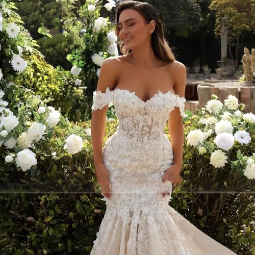 Off The Shoulder Tulle Wedding Dresses for Bride Mermaid Laces Applique Boho A Line Bridal Gowns with Train4
