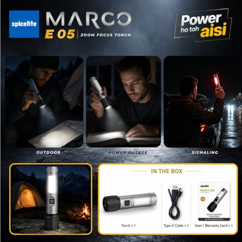 Image of Spicelite Marco E05 Rechargeable LED Torch Light High Power, 6W Long Range Flashlight with Zoom Focus, Type-C Fast Charging, Aluminium Body, IP20 Water Resistant, 6 Modes for Camping & Emergency