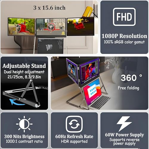 Image of 15.6 in Portable Laptop Screen Extender - 1080p FHD Tri-Fold Monitor, 360 Rotatable Stand, Adjustable Viewing Angles, Compatible with Window & macOS