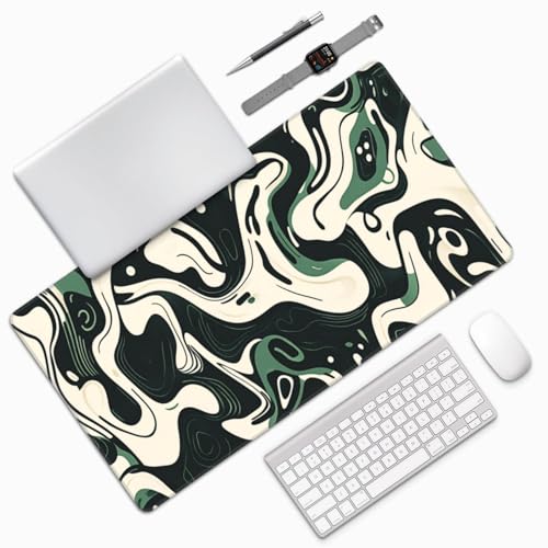 Image of AQQA Abstract Topographic Map Green and White Pattern with Lines Gaming Mouse Pad Long XL Desk Mat for Desktop Mousepad with Non-Slip Base Stitched Edge Keyboard Mat for Office Home 31.5 inch x 15.7 inch
