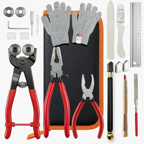 23Pcs Stained Glass Tools Kit Glass Cutters Tools with Wheeled Glass Nippers Running & Grozer Pliers 2-20mm Glass Cutters with Oil Safety Gloves & Rich Accessories-For Mosaic Tile Fusing DIY Crafts