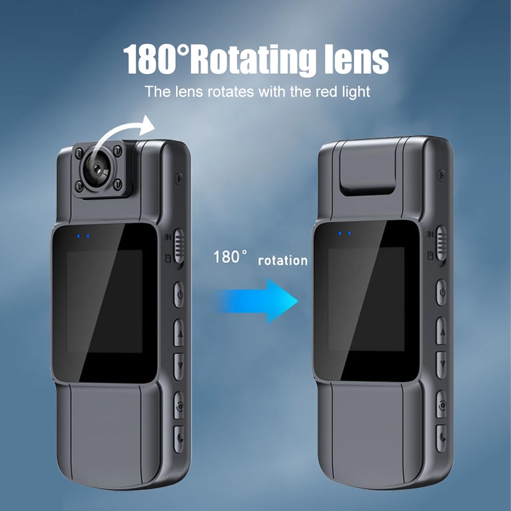 Andoer Mini Cámara Corpora, 4K Policía Body CAM con Lente Gran Angular de 150° Giratoria de 180°, Visión Nocturna Detección de Movimiento Control de aplicación para Registro Diario/Servicio/Entrega