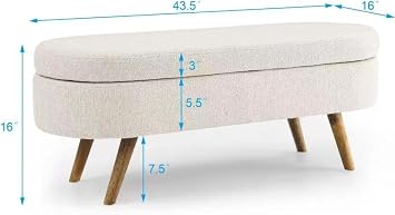 Polibi Oval Storage Bench, Linen Fabric Upholstered Bench with Solid Wood Legs for Bed Side, Entryway, Living Room, Beige