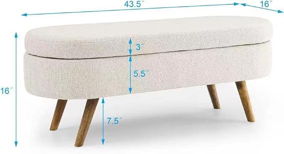 Polibi Oval Storage Bench, Linen Fabric Upholstered Bench with Solid Wood Legs for Bed Side, Entryway, Living Room, Beige
