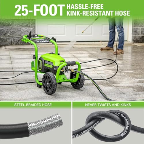Image of Greenworks Pro Brushless 3000 PSI (CSA Certified) 2.0 GPM Max / 1.1 GPM Electric Pressure Washer (Foldable Handles, Rugged Steel Frame, 25 FT Hose, 35 FT GFCI Power Cord) + Car Wash Pods (12 Count)
