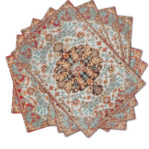 Image of Ethnic Boho Placemats Set of 6 Bohemian Carpet Vintage Black Coral Floral Linen Washable Kitchen Dining Table Mats Stain Heat-Resistant Desktop Decor Place Mats for Home Party Indoor 12x18 in