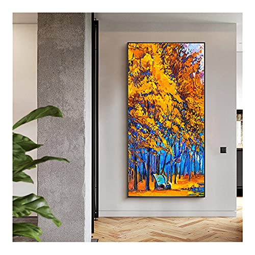 XIAONI Cuadros Pintados A Mano Abstractos,Simplicidad Moderna Parque De Hoja Caduca Paisaje Vertical Abstracto Obra De Arte Pintada A Mano Pinturas Al Óleo Para Sala De Estar Dormitorio Decoraciones