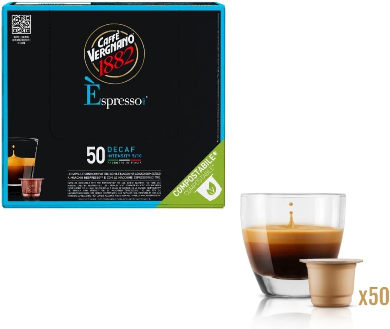 Caffè Vergnano 1882 Èspresso Miscela DEK Decaffeinato, 200 Capsule Compostabili Compatibili Nespresso -DD-