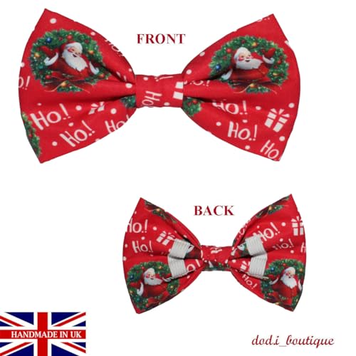 New Dogs Bow Tie Bowtie Christmas SANTA Wreath HO HO! RED Elastic Band attach COLLAR ACCESSORY Handmade UK (Santa Wreath Lage) - Image 2