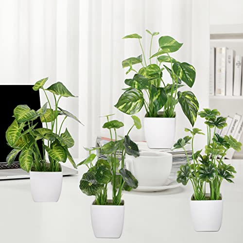 4Pcs Small Fake Plants Potted Artificial Mini Fake Plant Set Greenery Evergreen Lotus Leaf Clover Luau Leaf For Desk Table Home Office Room Bedroom Decoration #TOP3
