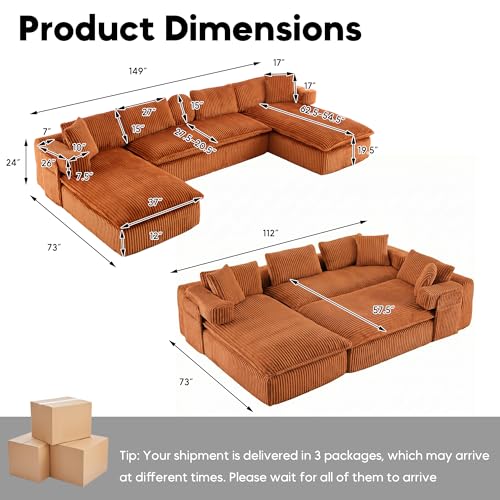 Image of Oversized Cloud Boneless Couch with Chaise, 149 inch Modern U Shape Modular Deep Seat Sectional Sofa, Comfy Corduroy Upholstered Couches for Living Room, No Assembly Required, Burnt Orange