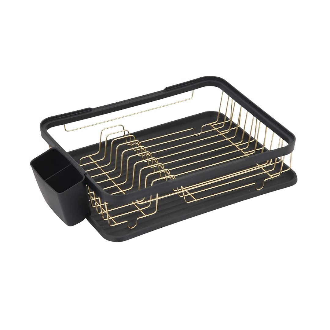 ADGO Geschirrtrockner 320 mm x 433 mm x 105 mm Modernes Design Pulverbeschichteter Stahl Besteckkästen Küchenzubehör Geschirrspüler Schöner Geschirrtrockner Schwarz Mat (Gold)