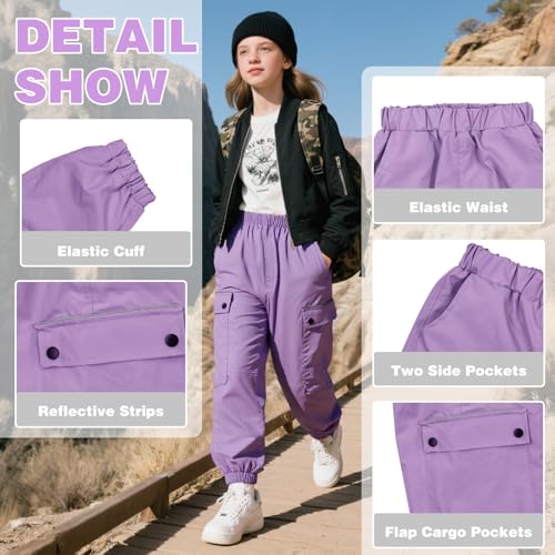 Keyck Cargohose Mädchen Wasserdicht Winddichte Cargo Hose Atmungsaktiv Mesh Futter Jogginghose Trekkinghose mit Elastischem Bund und Taschen Sporthose für Kinder 10-11 Jahre, Gr.140-146, Lila