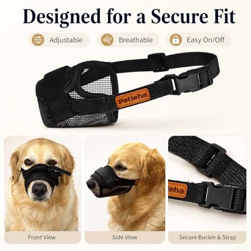 Image of Dog Muzzle, Breathable Mesh for Grooming & Nail Care, Black, L | Adjustable head and snout straps, quick-release buckle, soft padded edges