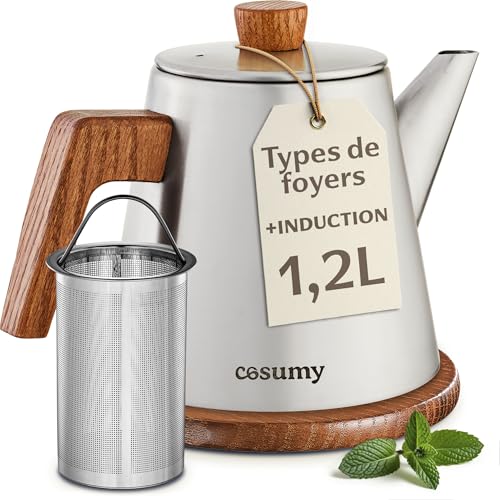 Cosumy Théière avec Filtre et Sous-Verres 1,2 litre - Bouilloire Pour induction et autres plaques de cuisson - Acier Inoxydable et Bois FSC