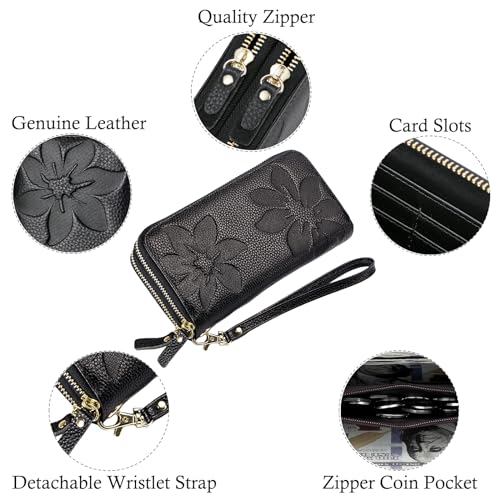 Wallets for Women Wristlet RFID Blocking Genuine Leather Double Zipper Credit Card Holder Large Ladies Clutch Purse4