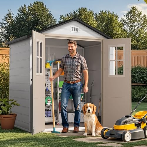 Image of DWVO 6x4.4 FT Outdoor Storage Shed, Plastic Garden Tool Shed with 2 Windows, Double-Wall Outside Shed for Lawn Mower, Garden Tool for Backyard, Patio, Lawn, Lockable, Greige&Gray
