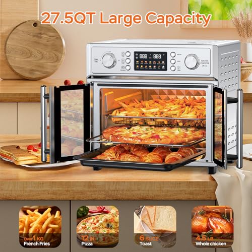 Image of Plum chef 27.5QT French Door Air Fryer Toaster Oven Combo, Countertop Oven with 14 Presets & Digital Control, Extra Large Toaster Oven for Baking, Roasting, Accessories Includes,Stainless Steel