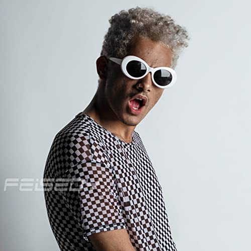 FEISEDY Sunglasses White Oval Clout Goggles for Women Men Retro Round Trendy Rimmed Clueless Costume Frame B22532