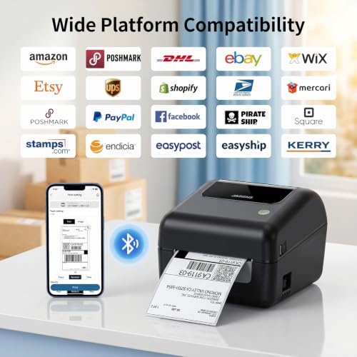 Image of Bluetooth Thermal Shipping Label Printer with Built-in Label Bin, Wireless 4x6 Label Printer for iPhone, Android, Windows & Mac, Includes 50 Labels, Works with USPS, UPS, Amazon, Etsy, Shopify, Black