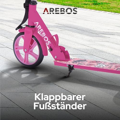 Arebos Cityroller Tretroller Pink Scooter h&ouml;henverstellbar | klappbar | inkl. Traggurt | XXL R&auml;der | Tritt-Bremse | f&uuml;r Kinder und Erwachsene | bis 100kg belastbar | Kickroller | Kickscooter