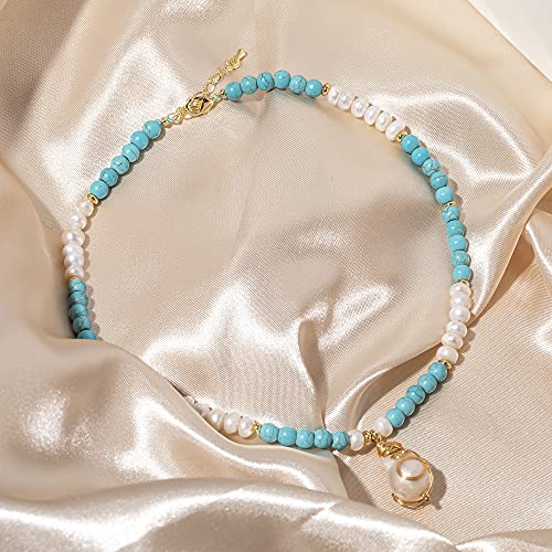 Cowlyn Baroque Pearl Pendant Necklace Turquoise Chain 18K Gold Wire Winding Handmade Bohemian Style Adjustable Charm Fashion Valentine Jewelry For Women Girl Mom #TOP4