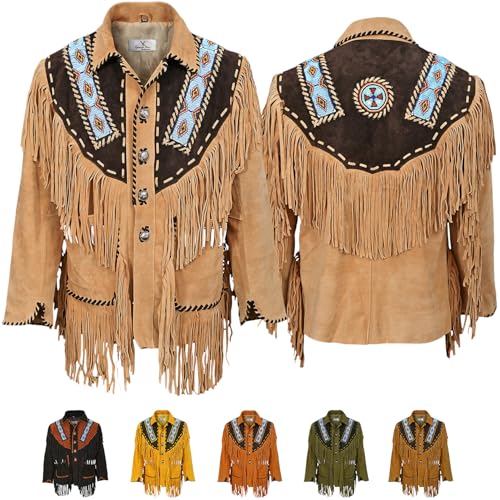 German Wear Herren Indianer Westernjacke Reiter Jacke Western-Lederjacke Tracht jacke 56 Beige