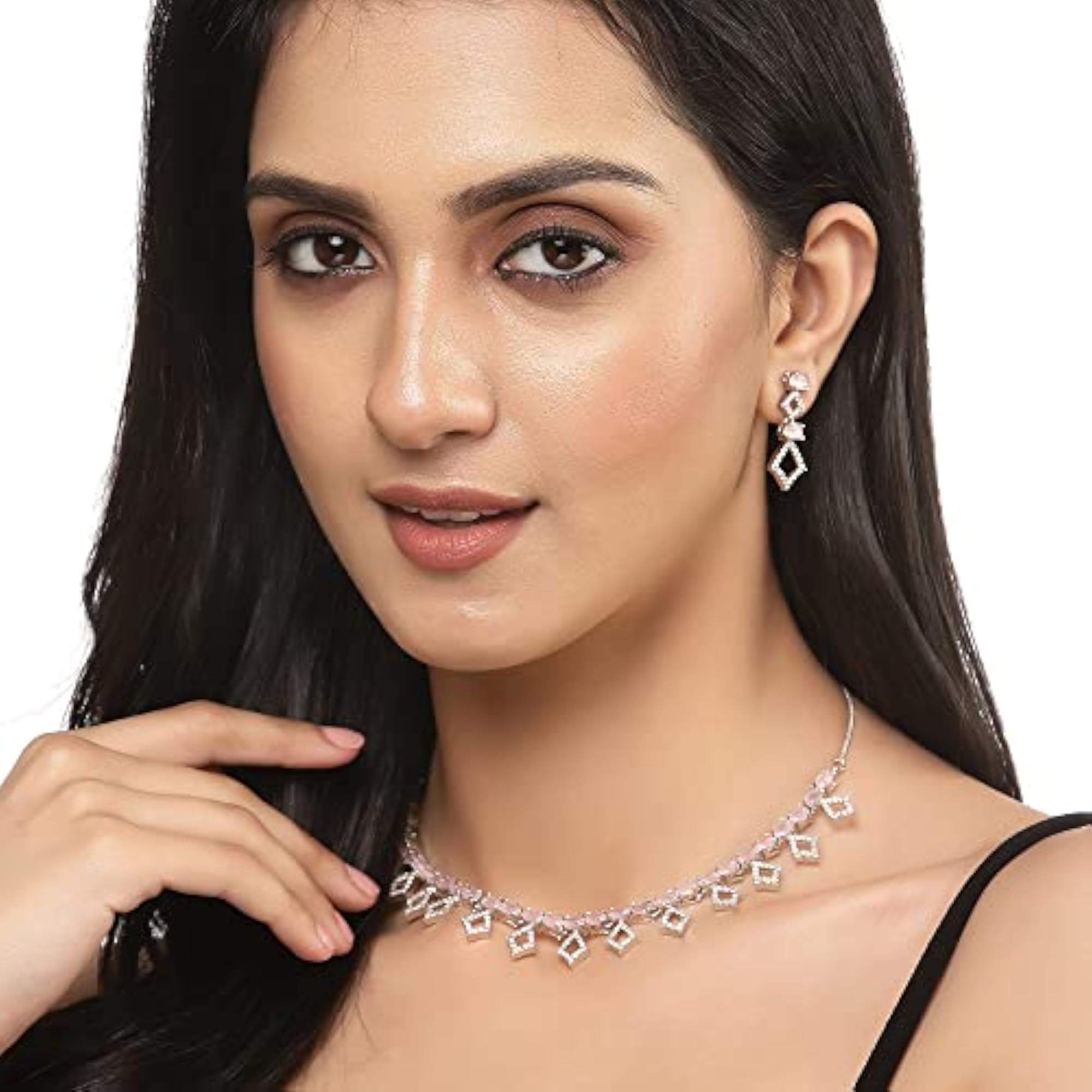 Rhodium-Plated Rectangle Shape AD Necklace Earring Set