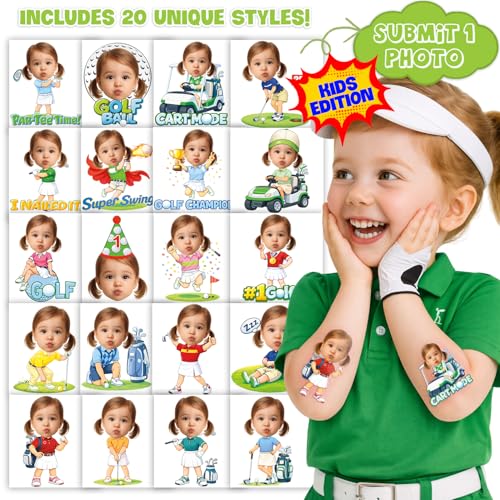 Image of Custom Golf Temporary Tattoos for Kids, Set of 20 | Personalized Pre-Cut Face Photo, Birthday Party Favors, For Boys Girls, Golf Fans