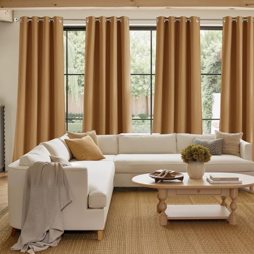 Image of NICETOWN Short Faux Linen Gold Brown Blackout Curtains 63 inches Long for Kitchen - Privacy Panels for Living Room Bedroom, Modern Farmhouse Style Easy Care Grommet Top, 2 Panels, W42 by L63