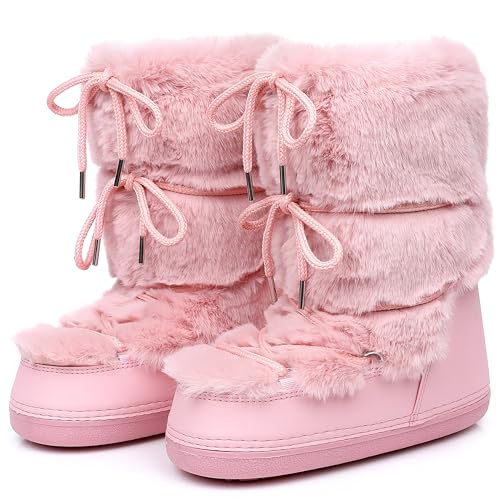 Image of ZHENAIYISHENG Faux Fur Boots for Women - Fuzzy Fluffy Furry Water Resistant Snow Boots for Women - Anti-Slip with Cotton Sponge Lined and TPR Rubber Sole Black White Fur Boots