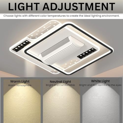 Image of Decorative Ceiling Fan with Light, Square Bladeless Ceiling Fan with 3-Color Dimmable Led Light with Remote,APP & Voice Control, Fancy Fans with Lights, Ideal for Bedroom & Living Room