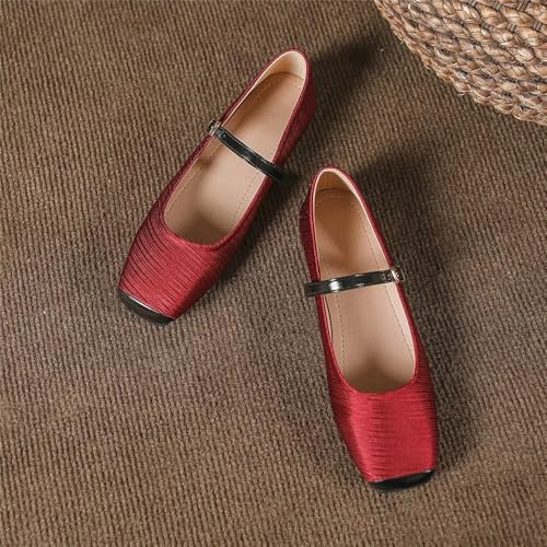 Stunner Women's Black Flats Fashion Square Toe Flat Shoes Soft Slip On Mary Jane Flats Wine red 38(7) 24