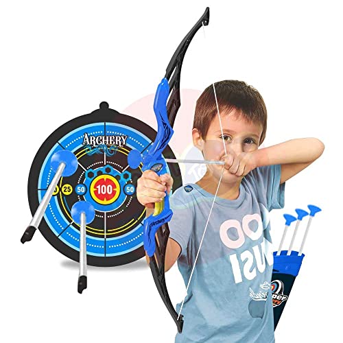 Image of Planet of Toys Kids Bow & Arrow Toy, Boys and Girls Basic Archery Set Outdoor Hunting Game with 3 Suction Cup Arrows, Target & Quiver (Blue