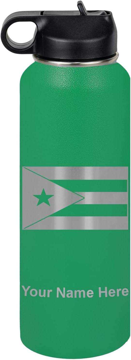 LaserGram Personalized Water Bottle, Flag of Puerto Rico, Stainless Steel Double Wall Vacuum Insulated with Flip Top Straw, Custom Engraved Gift (40oz / 1180ml Green)