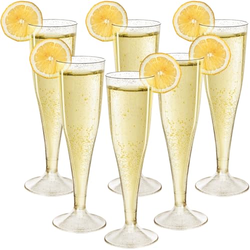 Mispudin 30 Pièces Flute Champagne Plastique, 130ml Paillettes Doré Verre Champagne Reutilisable, Élégantes Flûte Coupe pour Mariages, Anniversaires,...