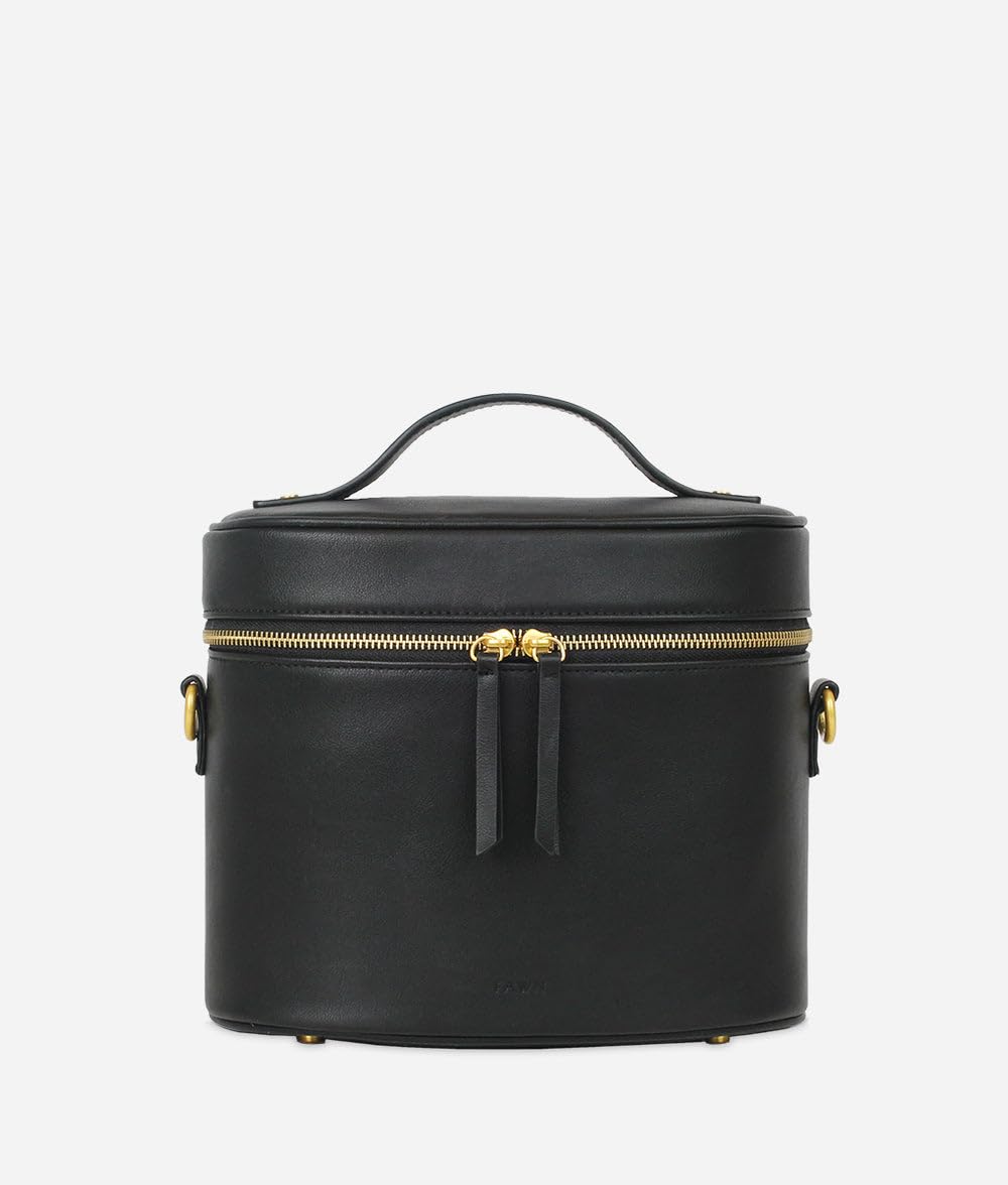 FAWN DESIGN The Train Case, Faux Leather Skin Care Black Makeup Bag with Adjustable Messenger Strap, Travel Toiletry Bag 4 Elastic Band Holders, 5 Interior Pockets and 1 Zipper Pocket, 10x6x8 inches